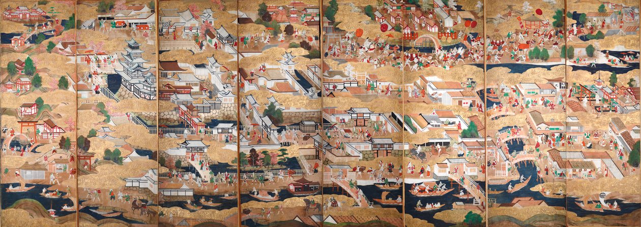 Osakazu Byobu - Japans kamerscherm met acht panelen (schilderij) door Japanese School