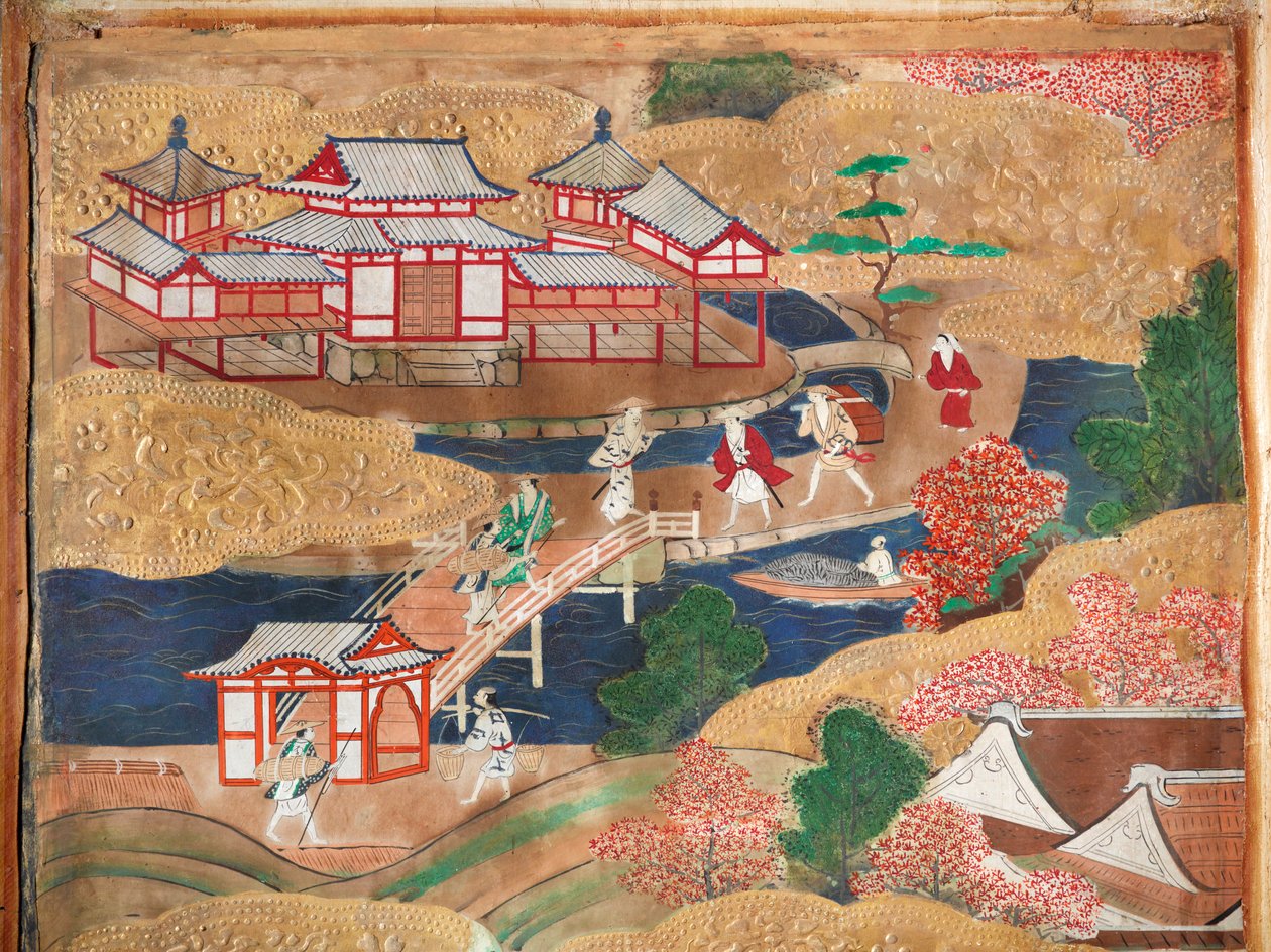 Osakazu Byobu - Japans kamerscherm met acht panelen (schilderij) door Japanese School