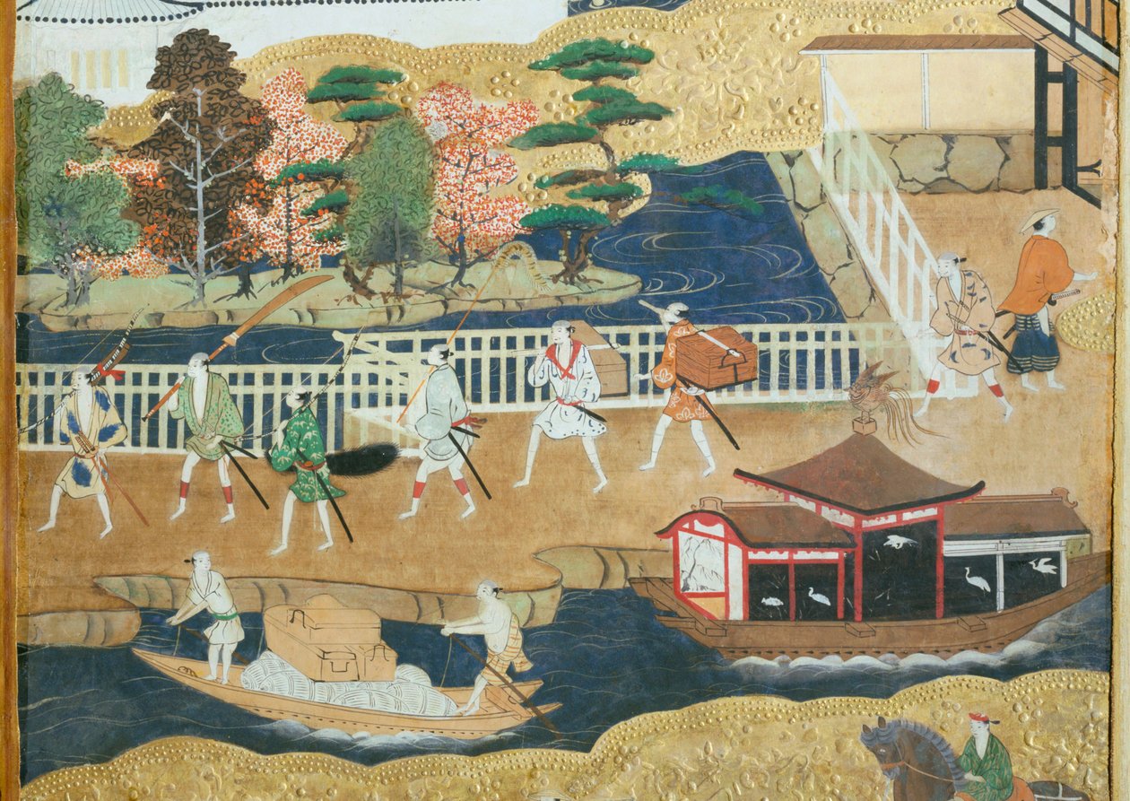 Osakazu Byobu - Japans kamerscherm met acht panelen (schilderij) door Japanese School