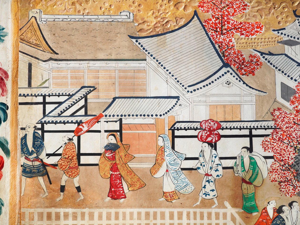 Osakazu Byobu - Japans kamerscherm met acht panelen (schilderij) door Japanese School