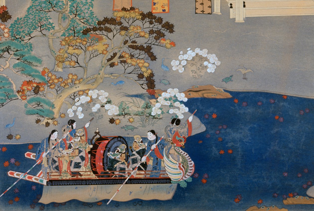 Roeiboot, illustratie voor Eiga Monogatari (Verhaal van Pracht), door Akazome Emon, Japan door Japanese School