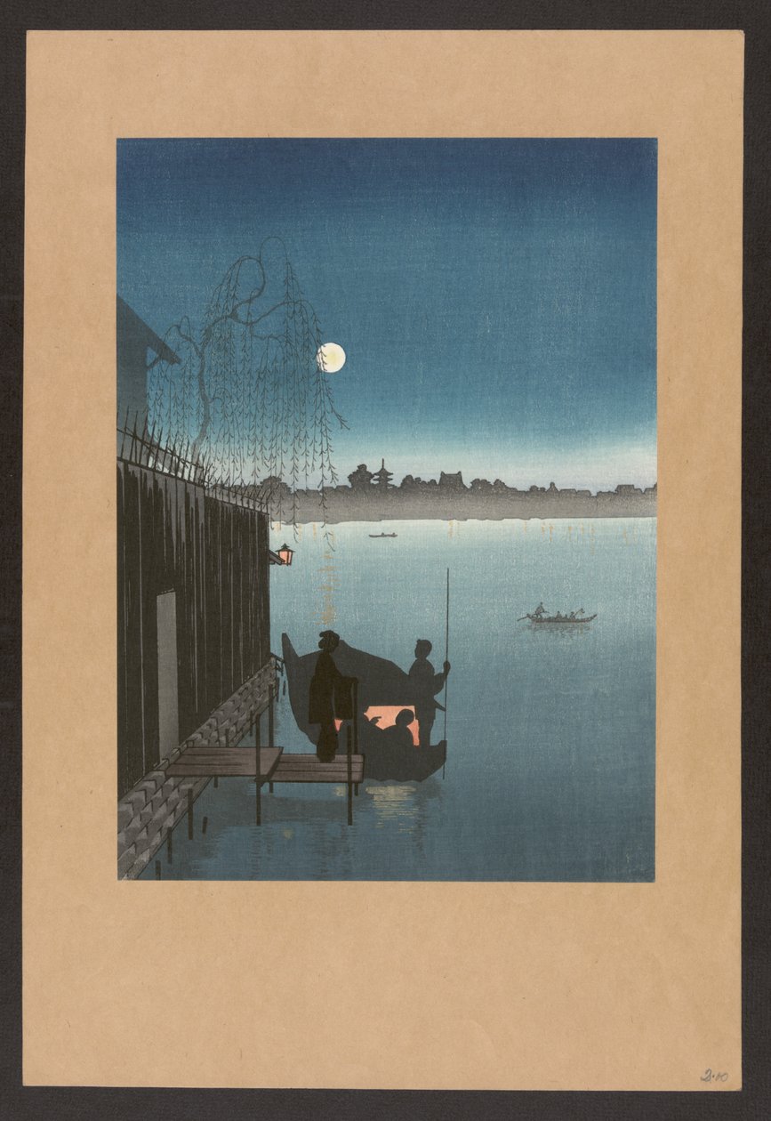 Sanbashi brug in Fukugawa bij nacht, ca.1900-20 (kleurenhoutsnede) door Japanese School