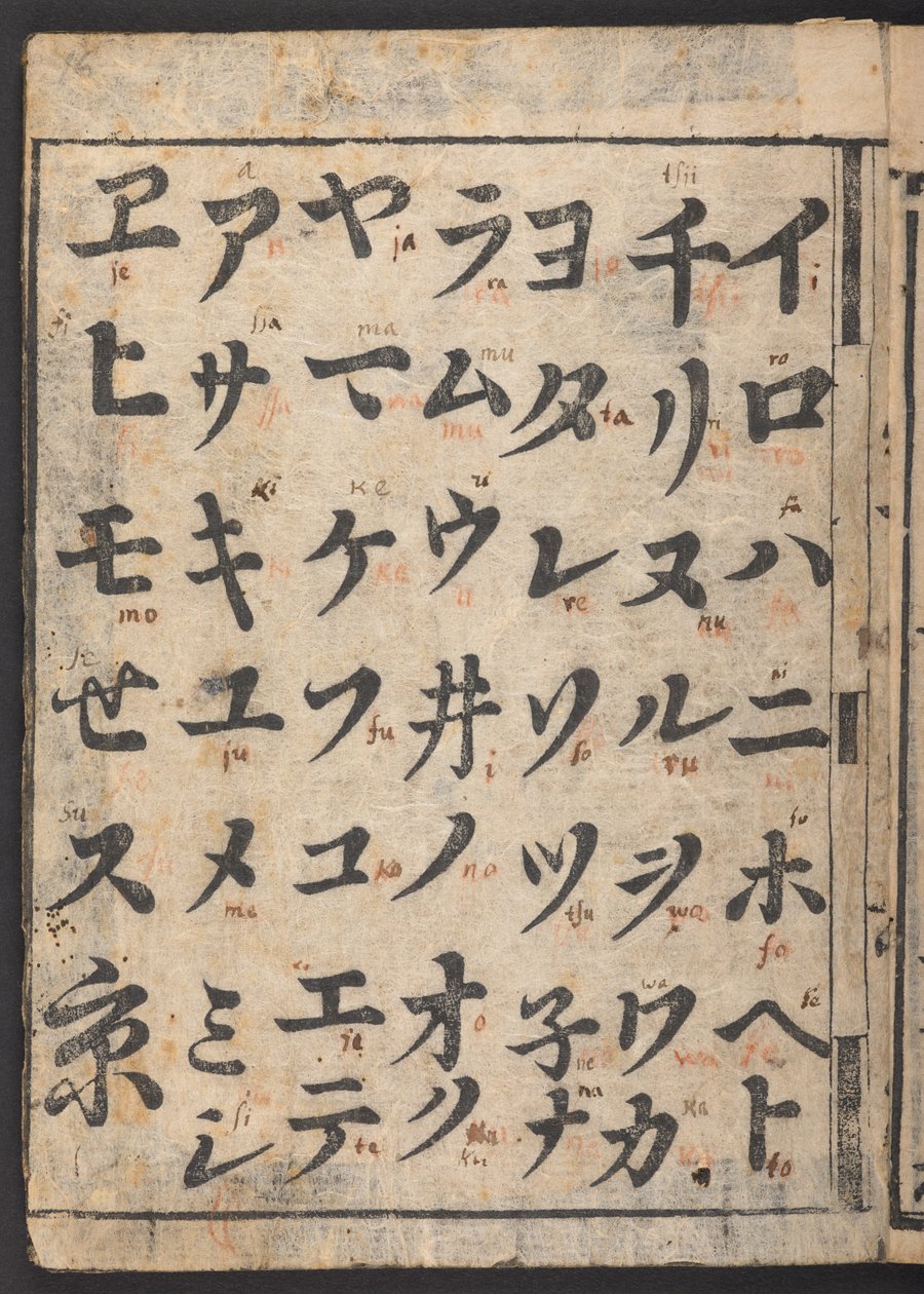 Schichi iroha, toont katakana syllabary (inkt op papier) door Japanese School