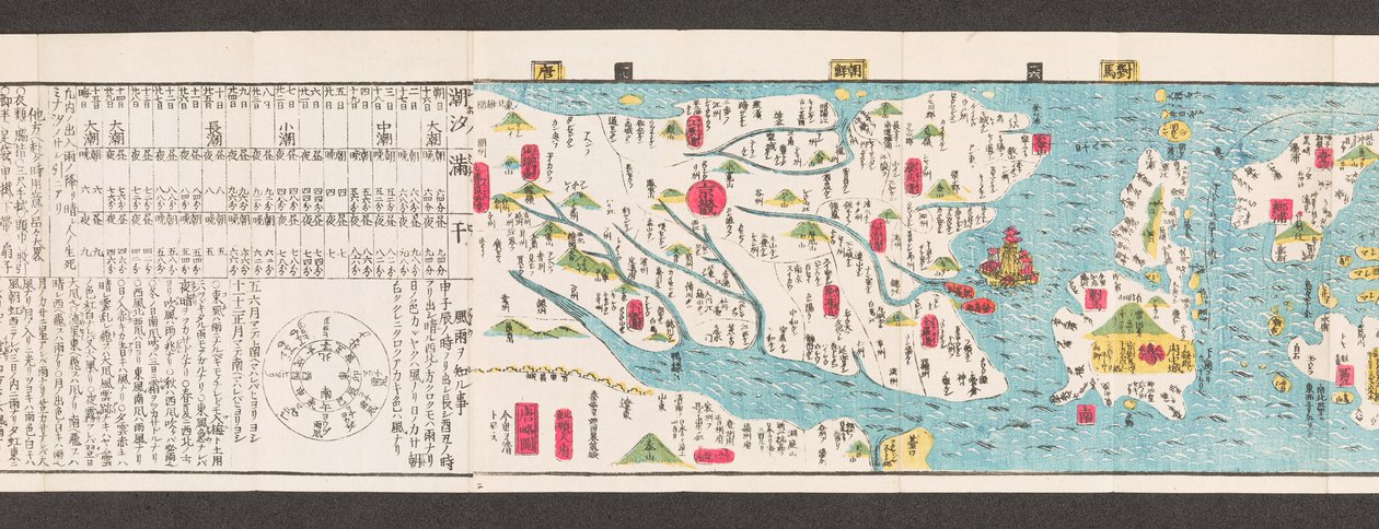 Sectie van een wegenkaart van Japan. Dai Nihon koku junro meiki daisei. ["Een duidelijke en gedetailleerde kaart van de hoofdwegen van Japan"] 1850 door Japanese School
