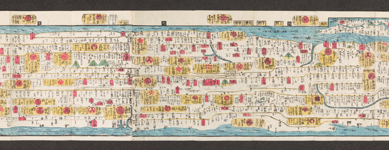 Sectie van een wegenkaart van Japan. Dai Nihon koku junro meiki daisei. ["Een duidelijke en gedetailleerde kaart van de hoofdwegen van Japan"] 1850 door Japanese School