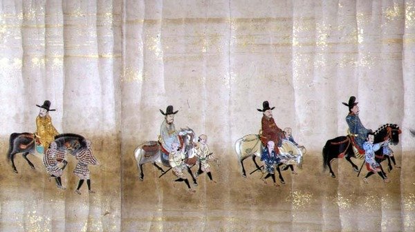 Zesde Koreaanse Ambassade naar Japan in Meireki 1 tijdens de opvolging van Tokugawa Ietsuna in 1651 (detail) door Japanese School