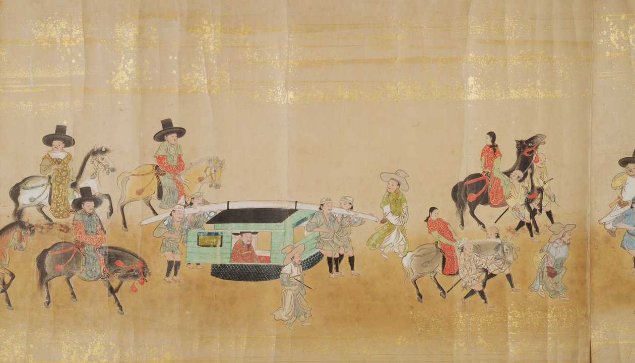 Zesde Koreaanse Ambassade naar Japan in Meireki 1 ten tijde van Tokugawa Ietsunas opvolging in 1651, mogelijk door Kano Masunobu (1625-94) (rolschildering) (detail) door Japanese School