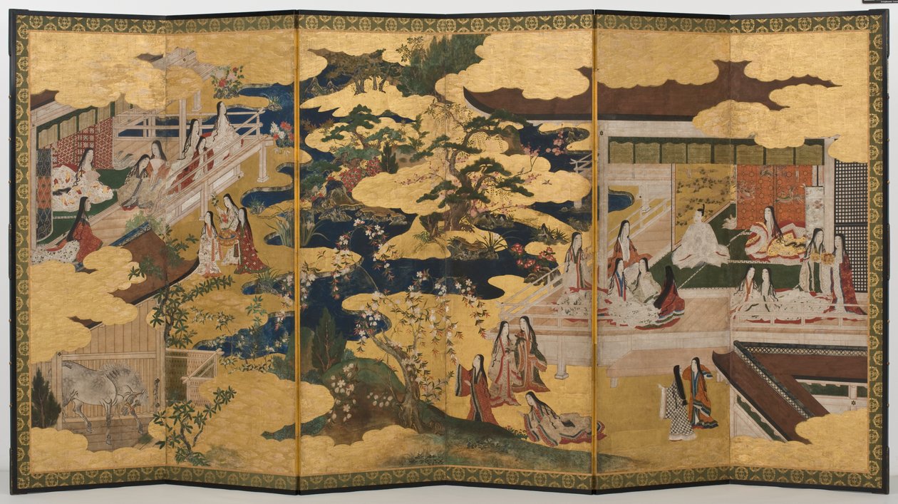 Lente in het paleis, zesdelig scherm uit Het Verhaal van Genji, ca. 1650 door Japanese School