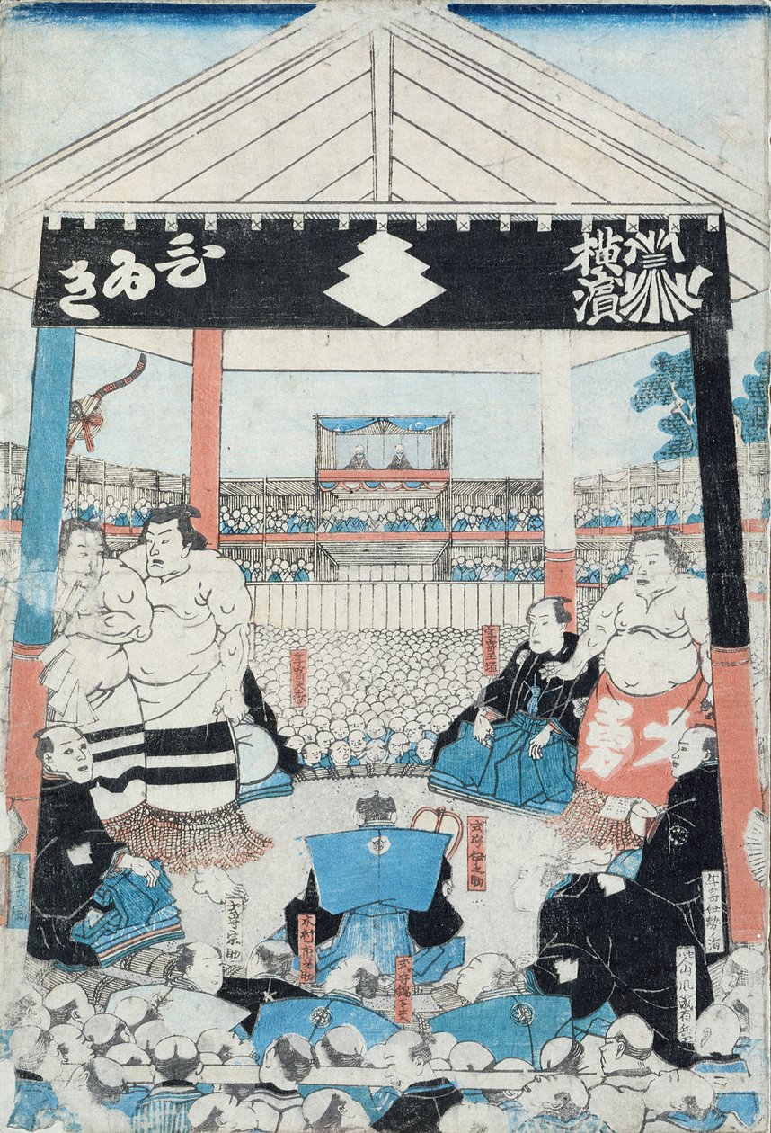 Sumo Worstelaars die een Wedstrijd Beginnen door Japanese School