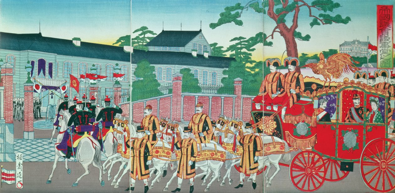 Keizer Mutsuhito (1852-1912) keert terug naar zijn paleis in Tokio, eind 19e eeuw door Japanese School