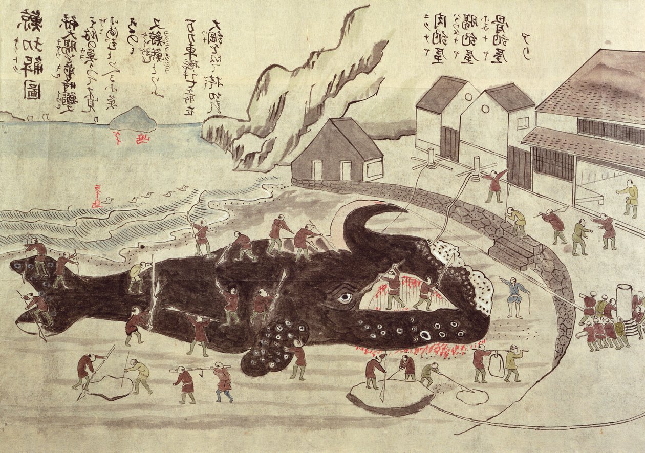 Het snijden van een walvis, eind 19e eeuw (kleurgravure) door Japanese School