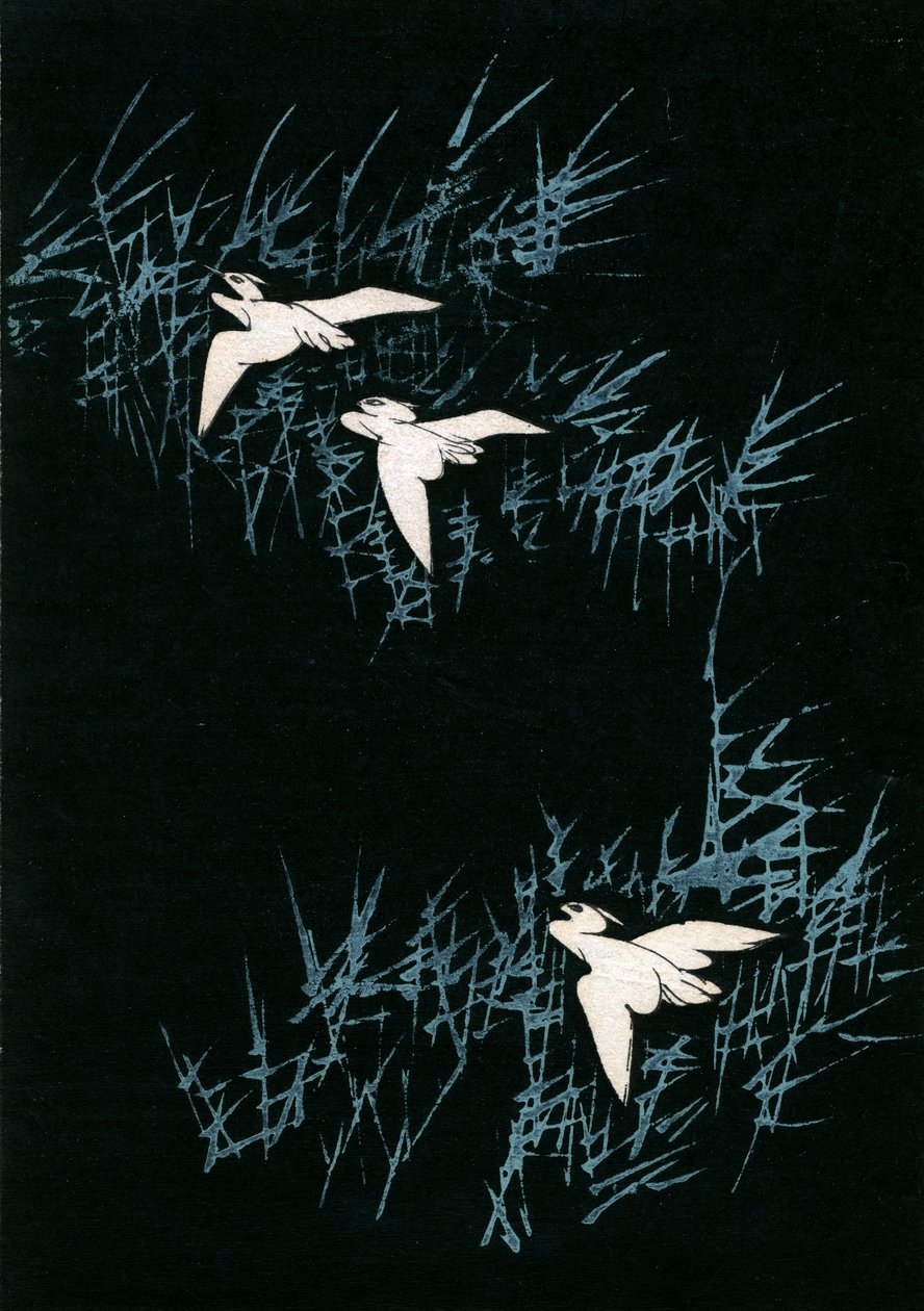 Drie Kraanvogels in een Zwart Landschap door Japanese School
