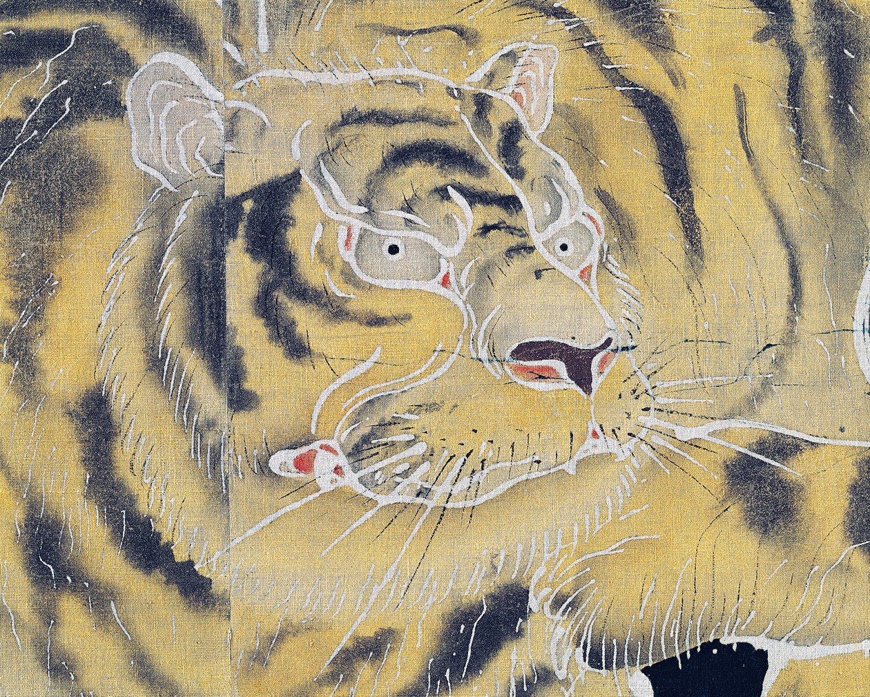Tijgersnuit, detail van katoenen scherm, vouwend tweedelig (byobu), geverfd in reserve met rijstzetmeel en indigo gedompeld met pigmenten, Japanse beschaving, Meiji-Taisho-periode door Japanese School
