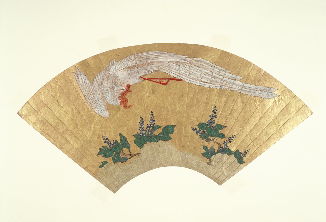 Ongemonteerde waaier: Vogel duikt op met sneeuw bedekte bamboe, ca. 1700-60 door Japanese School