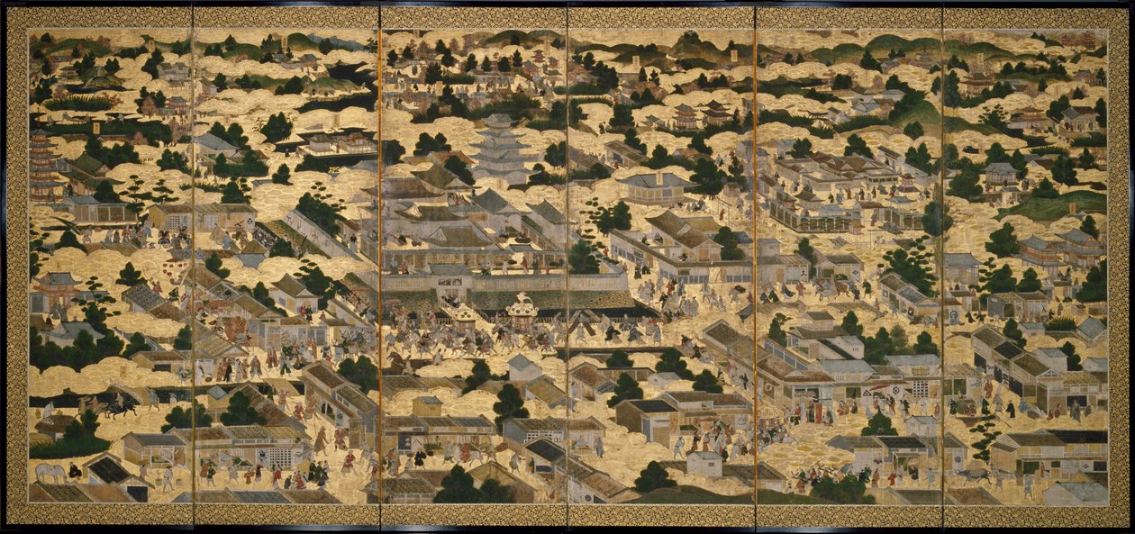 Gezicht in en rond Kyoto (Rakuchu rakugai zu), ca.1616-24 (inkt, kleur  bladgoud op papier) door Japanese School