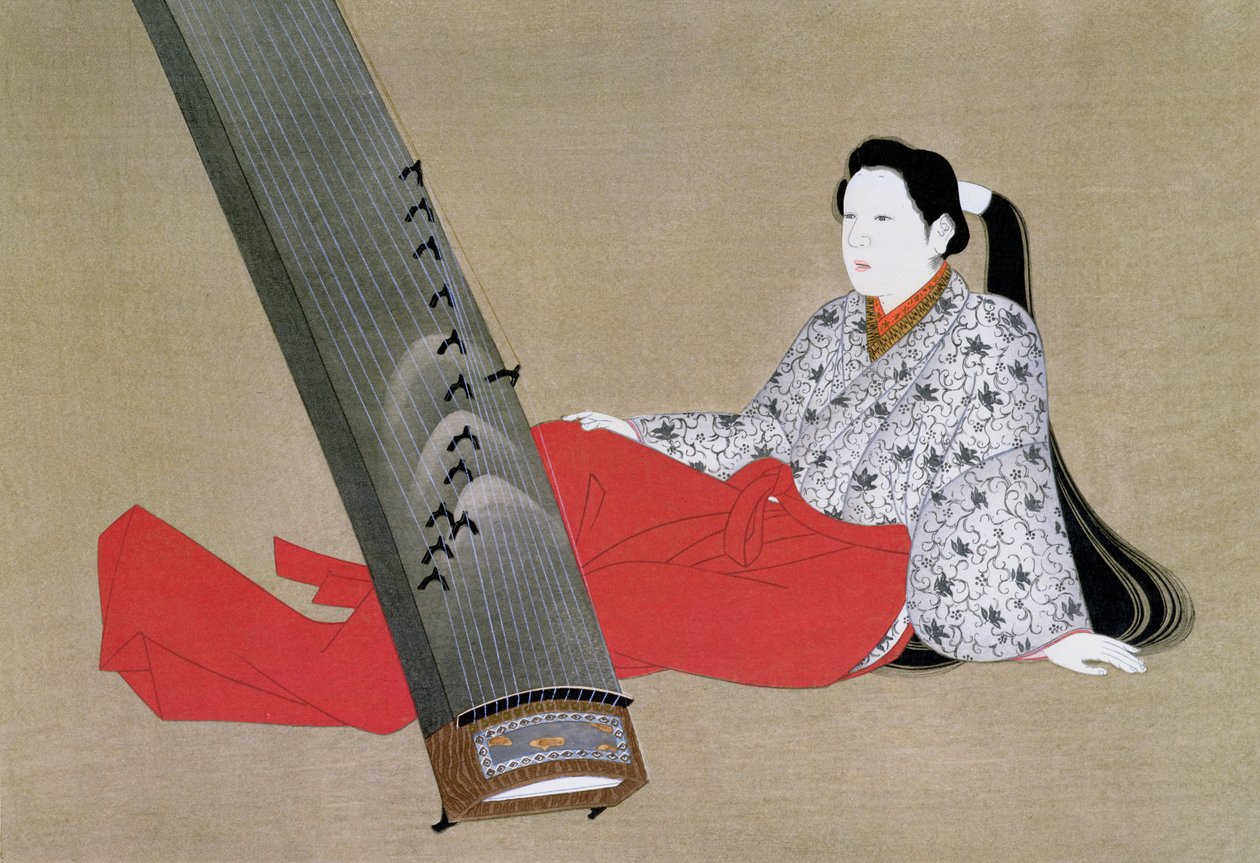 Vrouw die de Koto speelt, gereproduceerd in The Kokka magazine, ca. 1896-97 door Japanese School