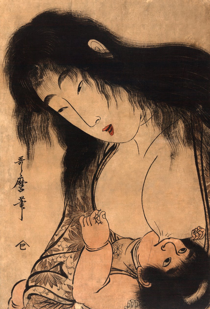 Yamauba die Kintaro de borst geeft, ca. 1804 (houtsnede) door Japanese School