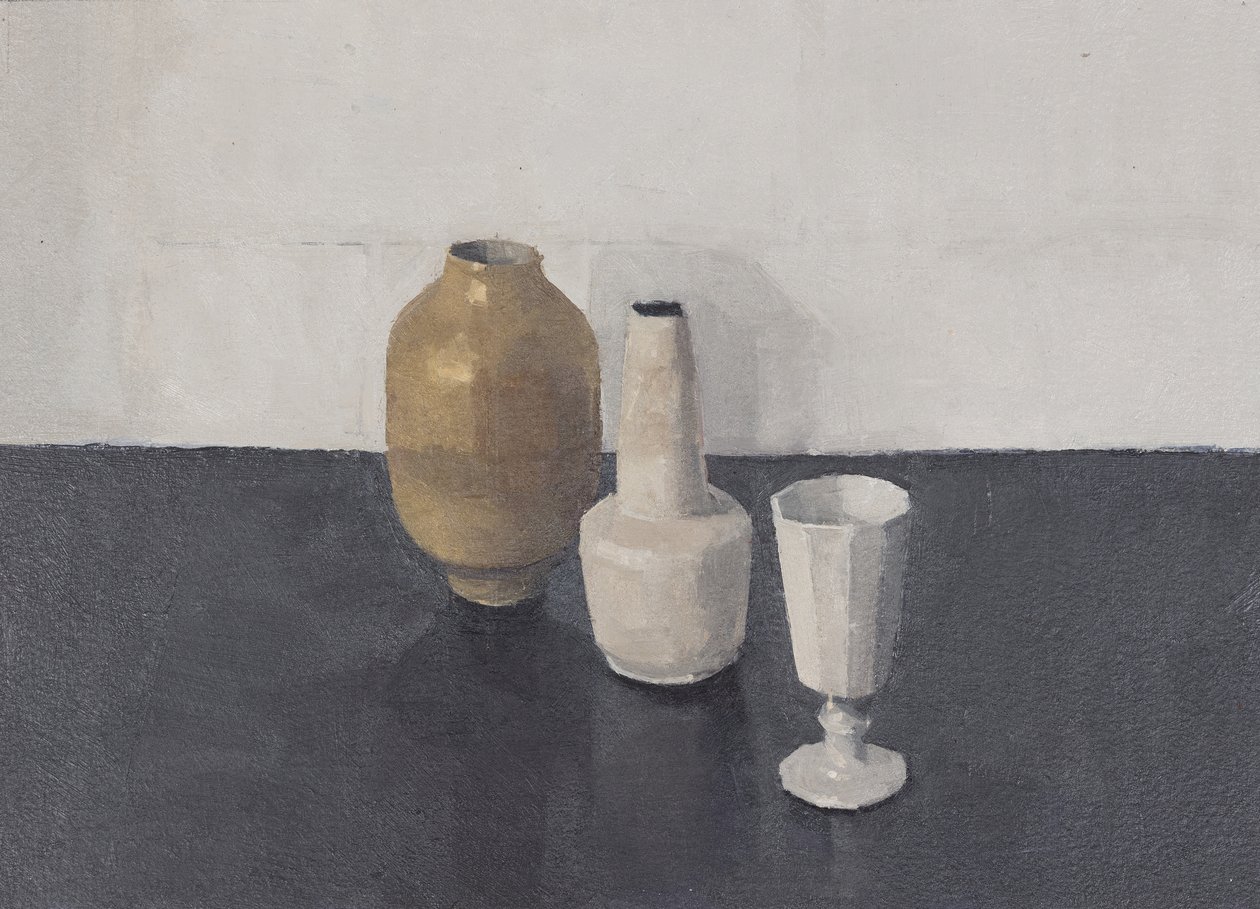 Stilleven met drie objecten, 2024 (olieverf op papier) door Jason Line