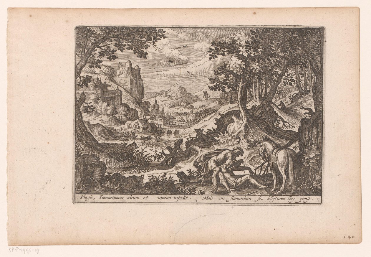 Landschap met het verhaal van de barmhartige Samaritaan door Jaspar de Isaac (attributed to)