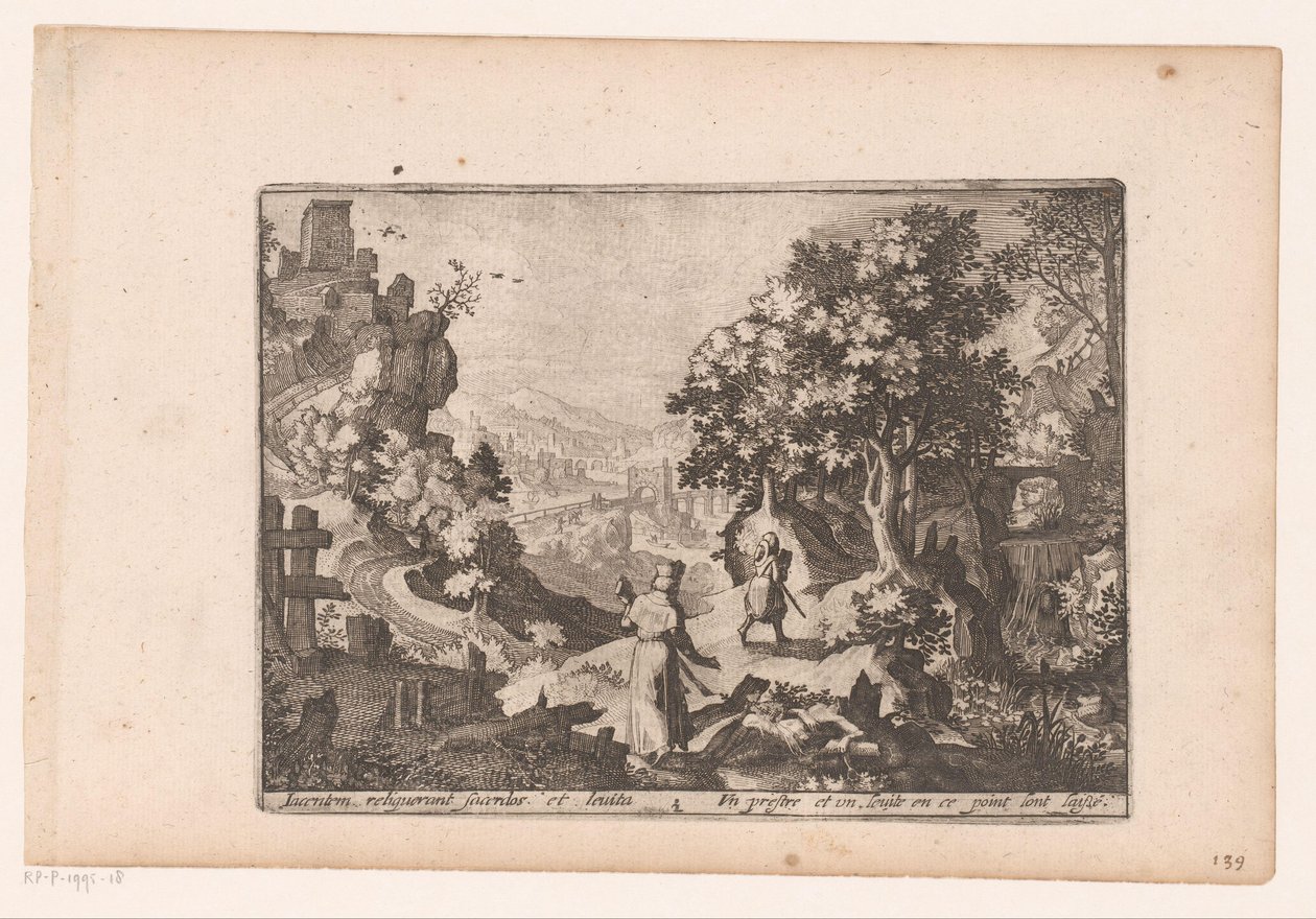 Landschap met verhaal van de barmhartige Samaritaan door Jaspar de Isaac (attributed to)
