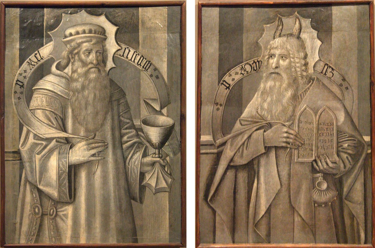 Compartimenten van de achterkant van de predella van Santa Maria de Ripoll - Melchisedek en Mozes door Jaume Huguet