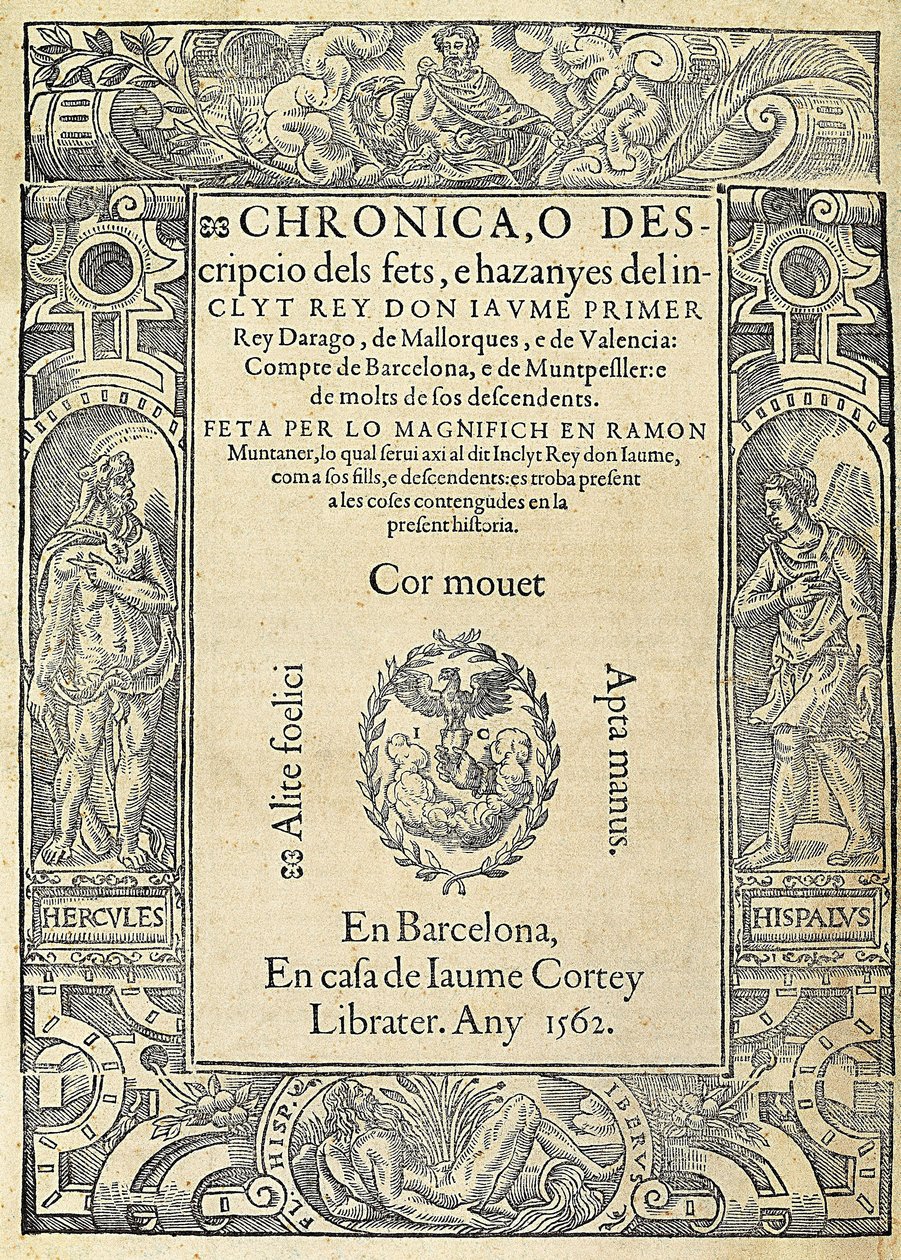 Ramon Muntaner (1265-1336), Catalaanse militair en columnist. Omslag van het boek Chronica door Jaume Cortey