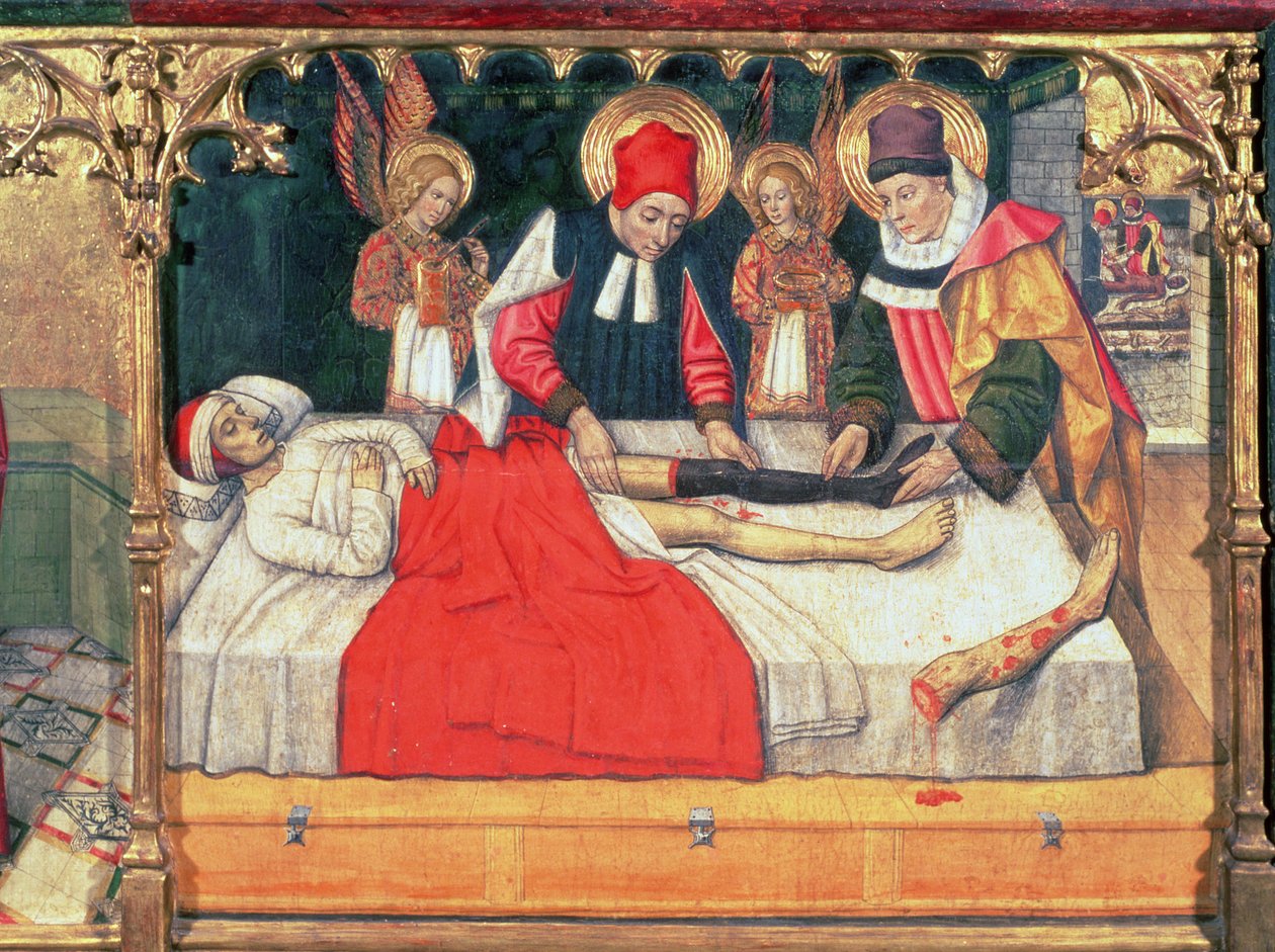 SS. Cosmas en Damian transplanteren het been van een Ethiopische man op de stomp van diaken Justinianus door Jaume Huguet