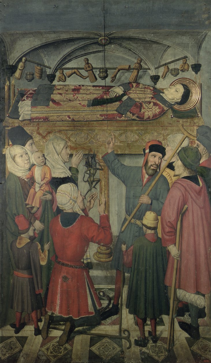 Exorcisme van een bezeten man onder het graf van St. Vincent van Saragossa (d.304) uit het Altaarstuk van St. Vincent van Saragossa door Jaume Huguet