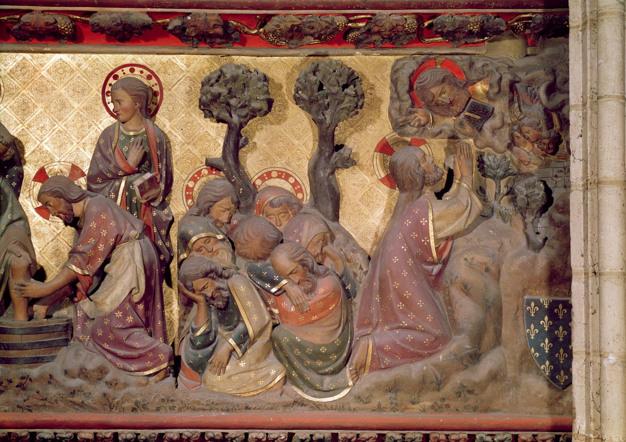 Christus wast de voeten van de apostelen in de tuin van olijven, 1340-51 beschilderde steen (detail) door Jean and Jean Le Boutellier Ravy