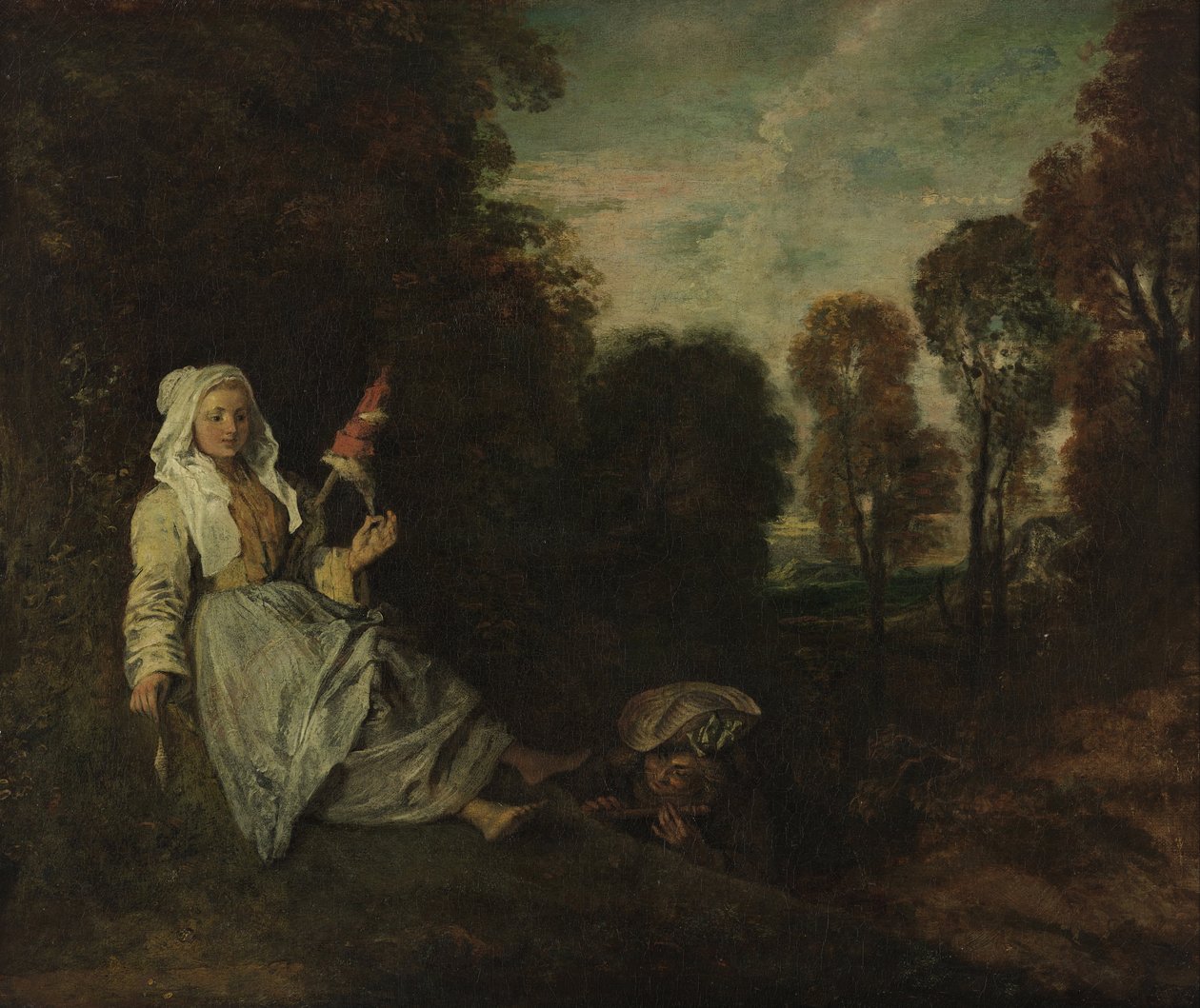 Avondlandschap met spinster door Jean Antoine Watteau