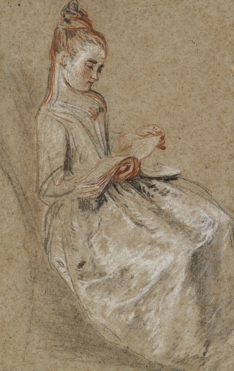 Meisje zittend met een muziekboek op haar schoot door Jean-Antoine Watteau