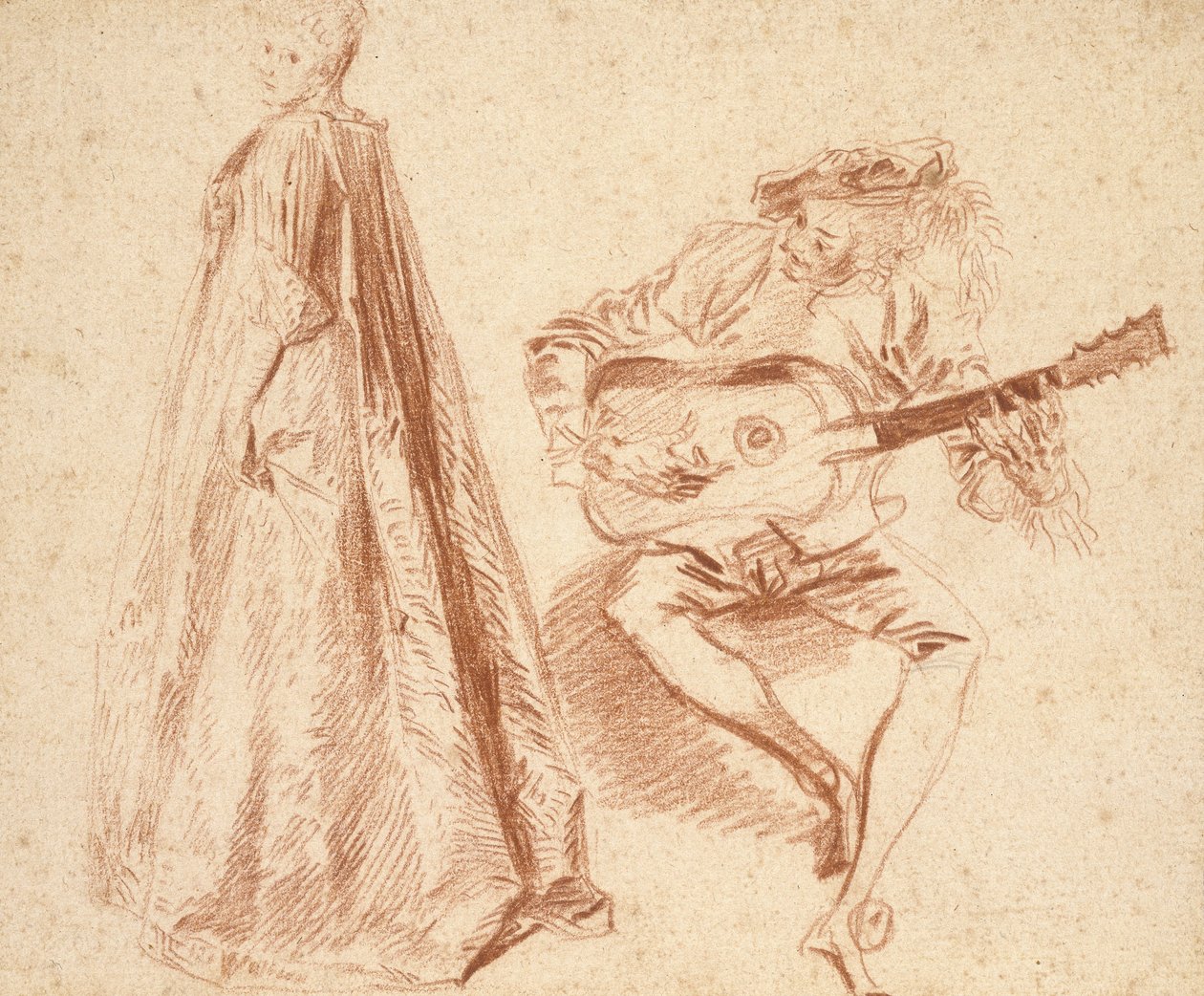 Meisje staand in profiel naar links, kijkend over haar linkerschouder, met een man rechts die gitaar speelt door Jean-Antoine Watteau