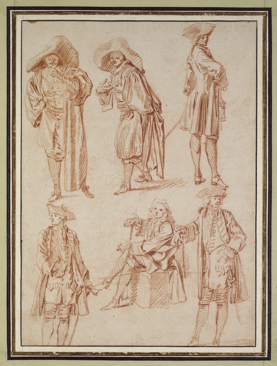 Twee studies van de Dokter in de Italiaanse Komedie en vier Officieren, drie staand, één zittend door Jean Antoine Watteau
