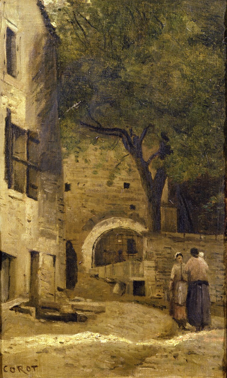 Een dorpsscène door Jean Baptiste Camille Corot
