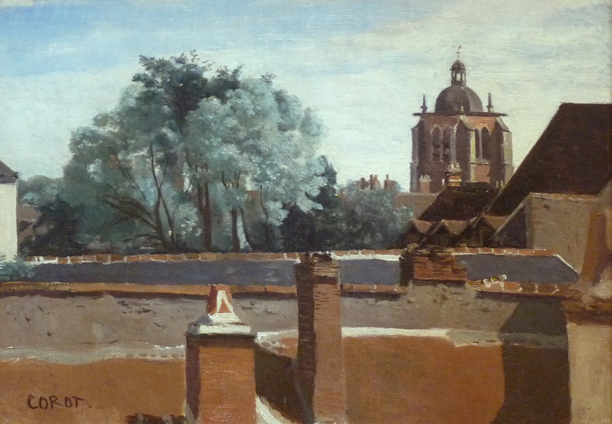 Orleans, uitzicht op de Sainte-Paterne toren vanuit een raam door Jean Baptiste Camille Corot