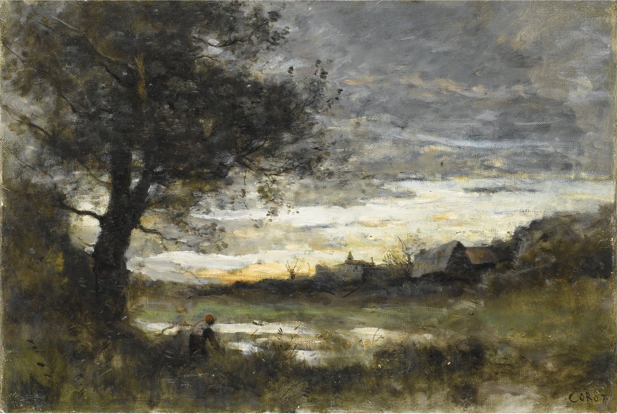 Herinnering aan Normandië, zonsondergang door Jean Baptiste Camille Corot