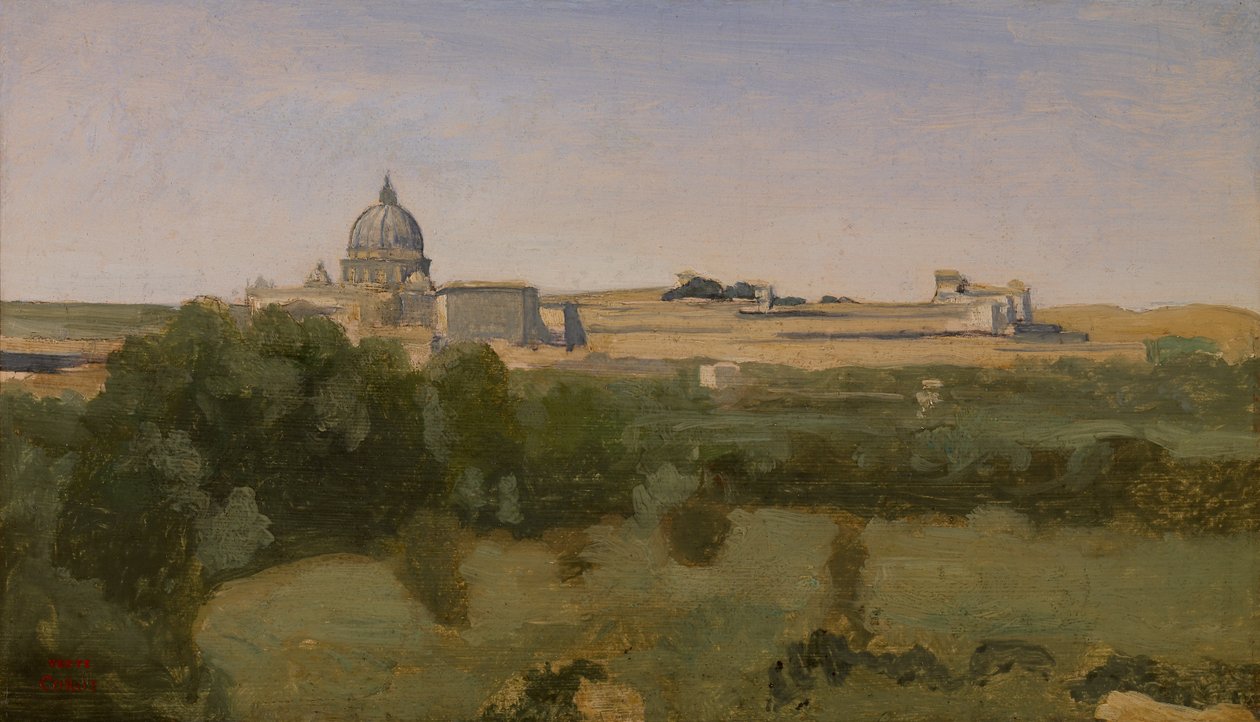 Uitzicht op de Sint-Pietersbasiliek, Rome, 1826 door Jean Baptiste Camille Corot