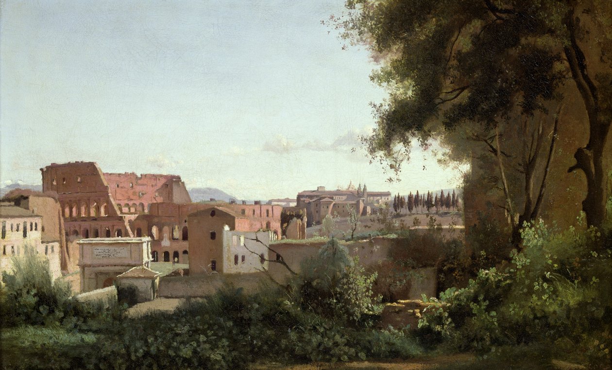 Uitzicht op het Colosseum vanuit de Farnese Tuinen, 1826 door Jean Baptiste Camille Corot