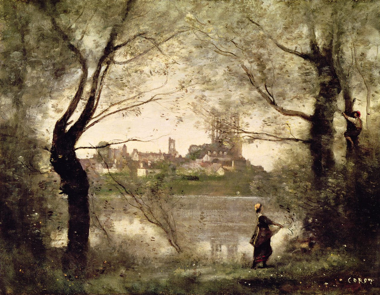 Uitzicht op de Stad en Kathedraal van Mantes door de Bomen, Avond door Jean Baptiste Camille Corot