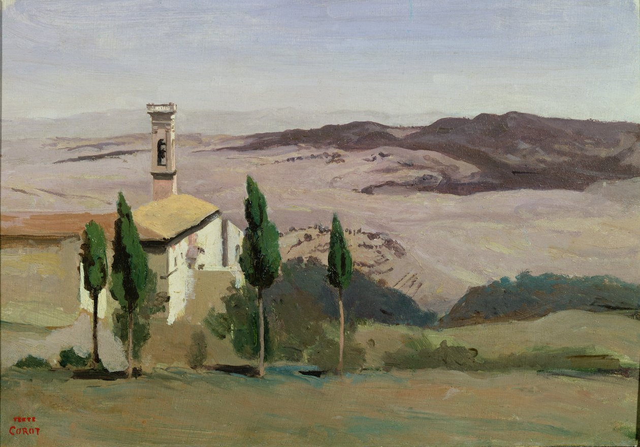 Volterra, kerk en klokkentoren, 1834 door Jean Baptiste Camille Corot