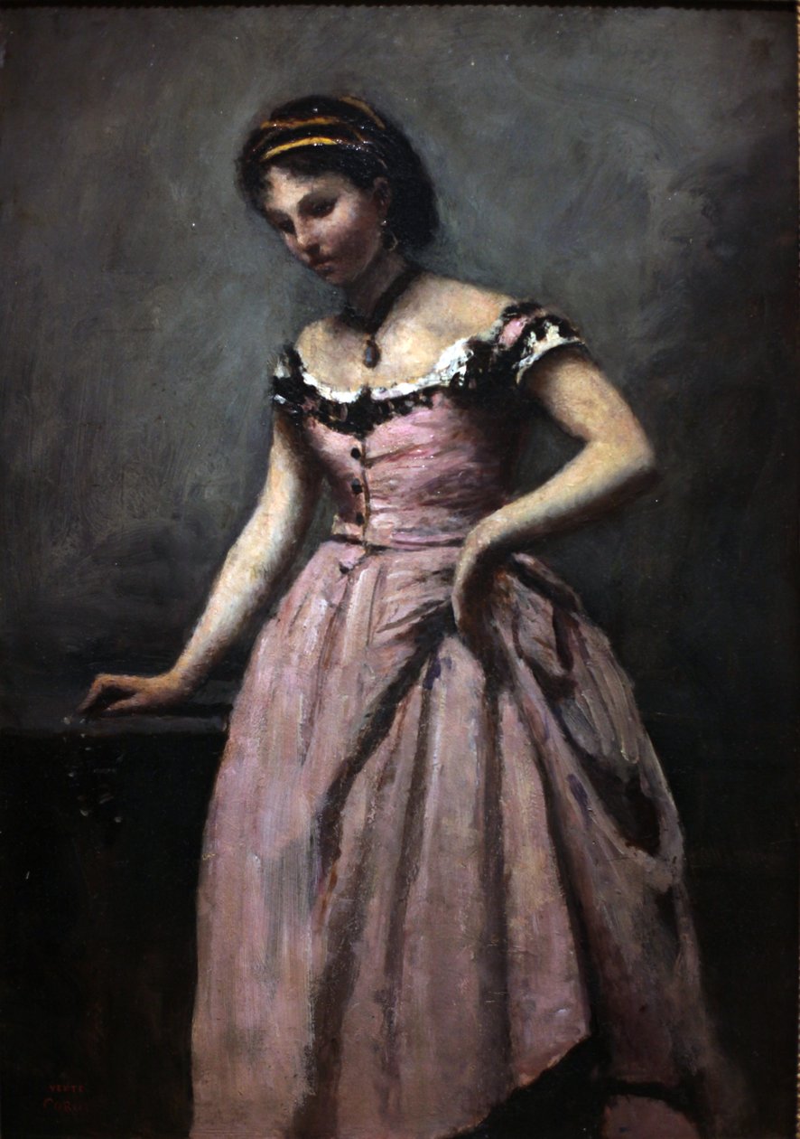 Jonge vrouw in roze jurk door Jean Baptiste Camille Corot