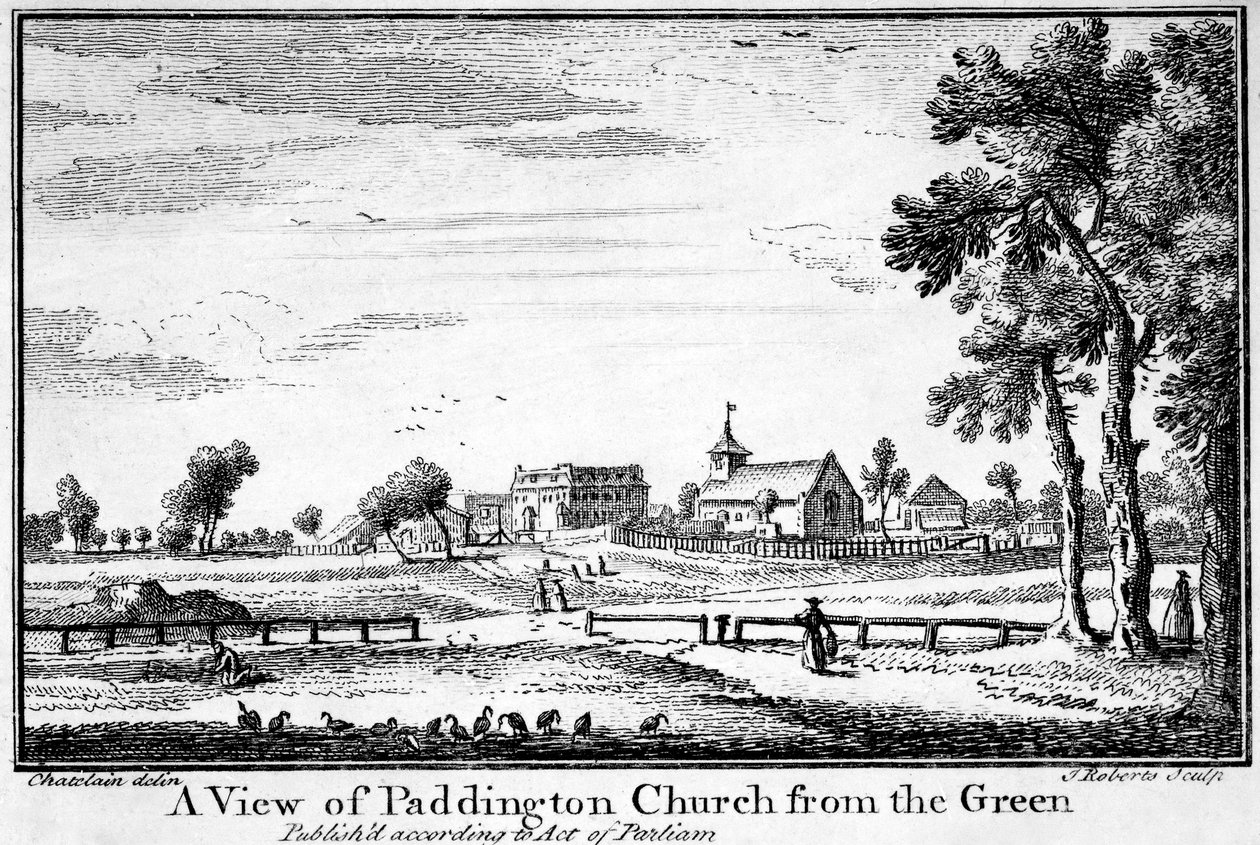 Een uitzicht op Paddington Church vanaf het Groen door Jean Baptiste Claude Chatelain