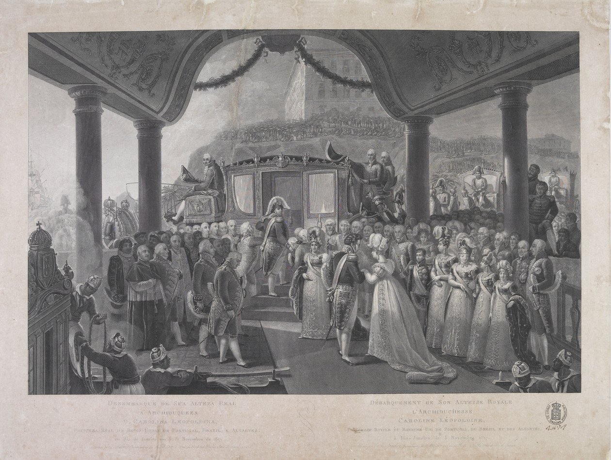 Landing van HKH Aartshertogin D. Carolina Leopoldina, Prinses van het Verenigd Koninkrijk van Portugal, Brazilië en de Algarve, in Rio de Janeiro op 5 november 1817 door Jean Baptiste Debret