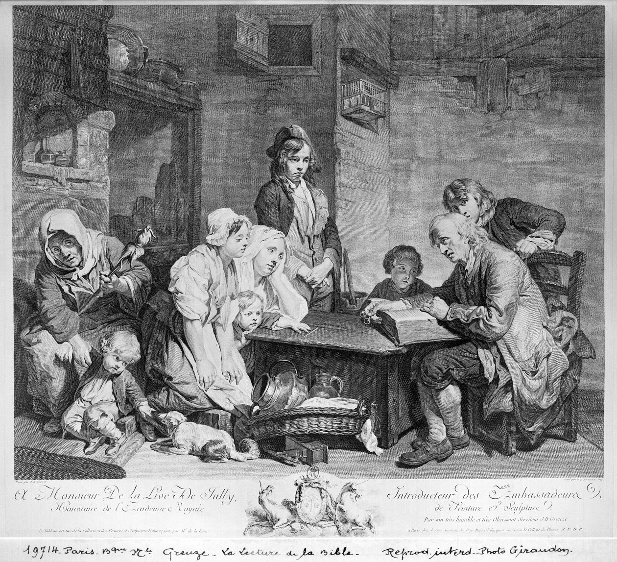 Het Lezen van de Bijbel, gegraveerd door Pieter Franciscus Martenisie of Martinasie (1729-89) 1759 door Jean-Baptiste Greuze