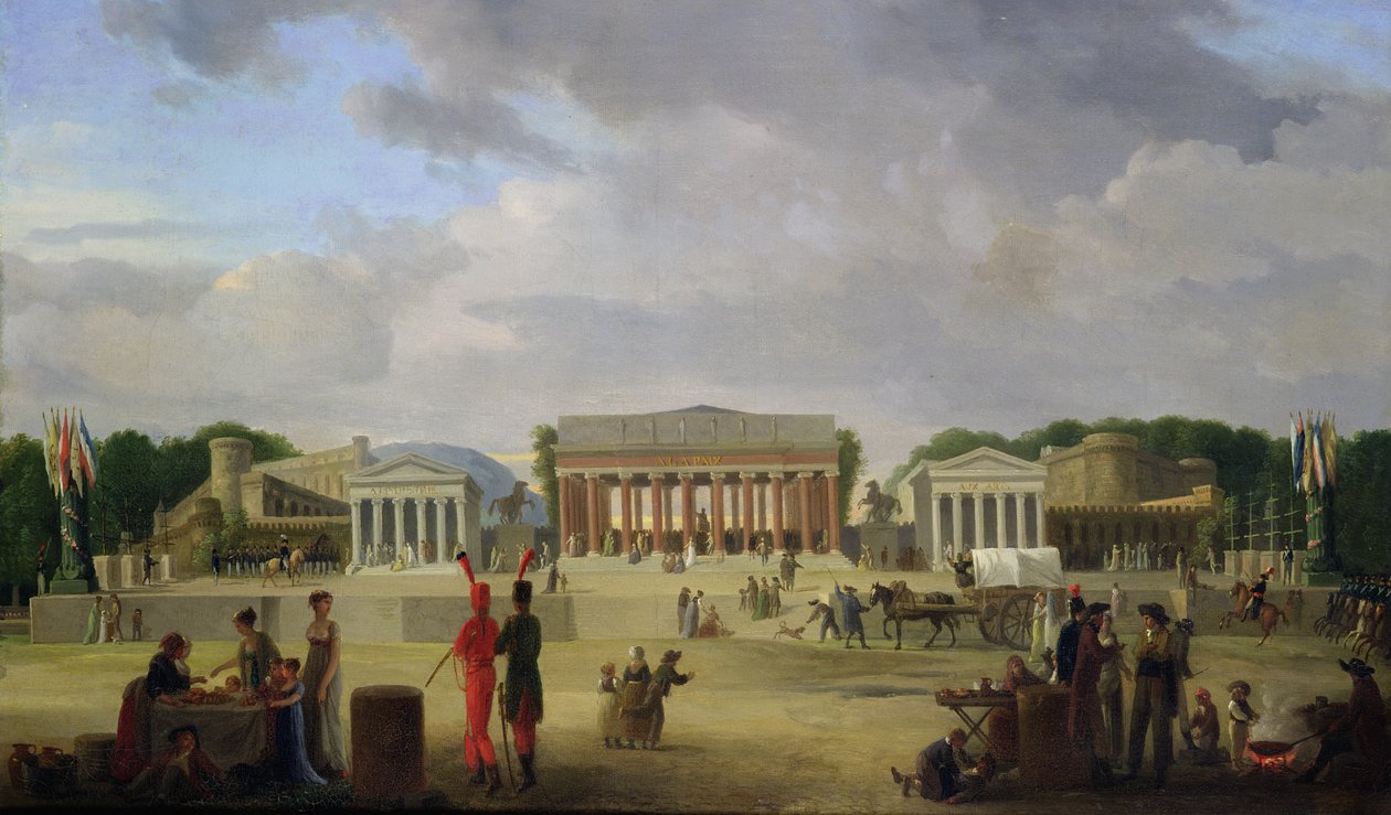 Uitzicht op het Grand Theatre gebouwd op de Place de la Concorde voor het Fete de la Paix, 9 november 1801 door Jean Baptiste Louis Cazin