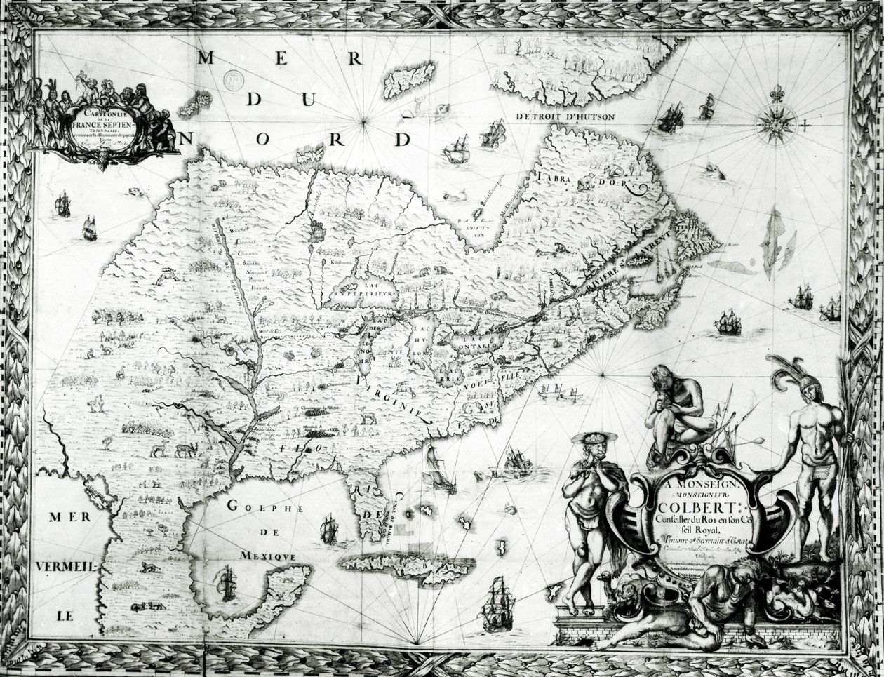 Kaart van Nieuw-Frankrijk opgedragen aan Colbert door Duchesneau, Intendant, 1681 door Jean Baptiste Louis Franquelin