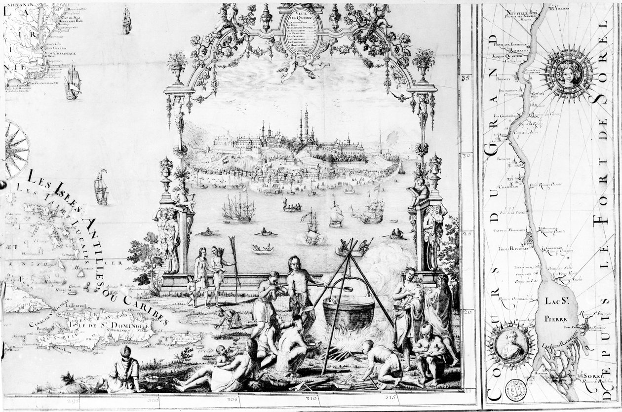 Uitzicht op Quebec, cartouche van een kaart die de St. Lawrence-rivier van Sorel afbeeldt, 1699 door Jean Baptiste Louis Franquelin
