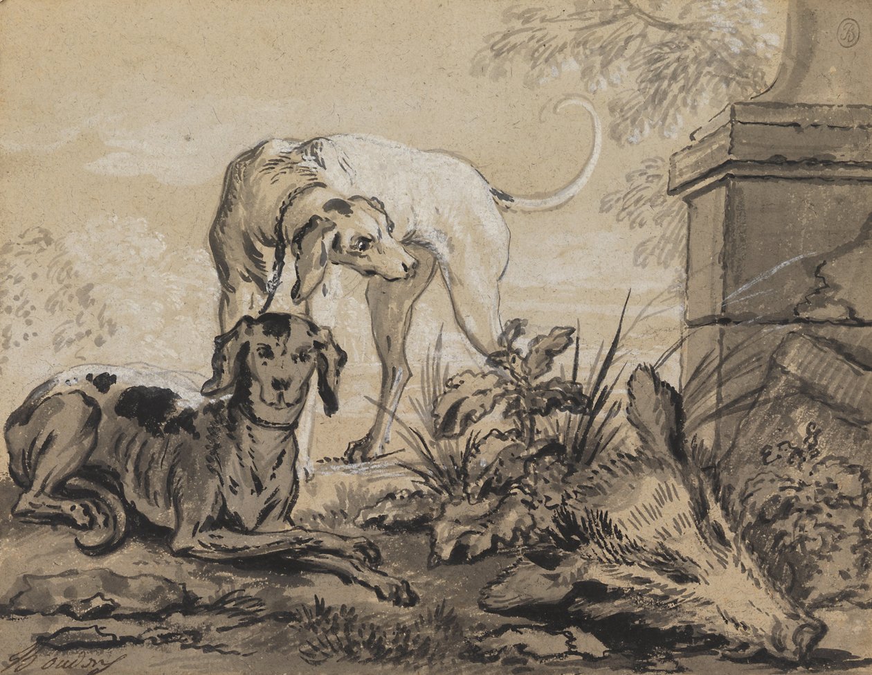 Na de Jacht - Twee Honden naast een Zwijnenkop door Jean-Baptiste Oudry