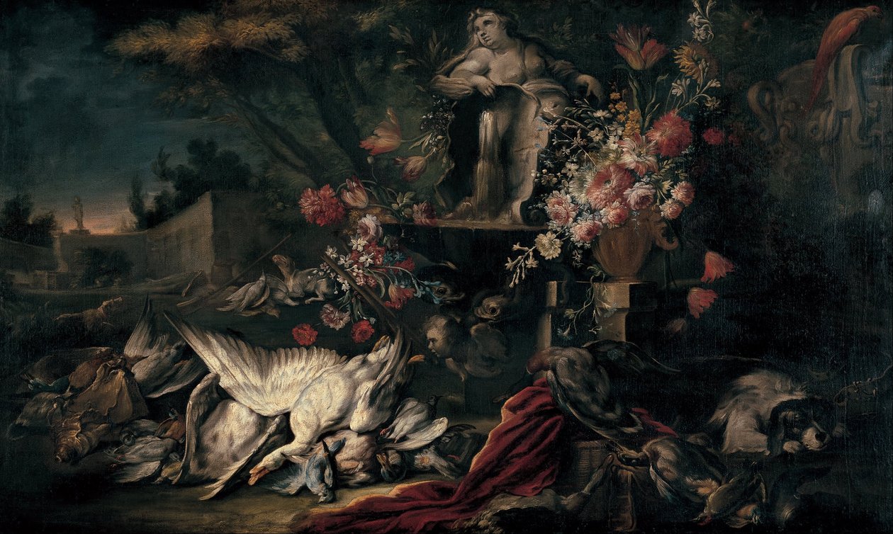 Stilleven met jachtuitrusting en bloemen I door Jean Baptiste Oudry