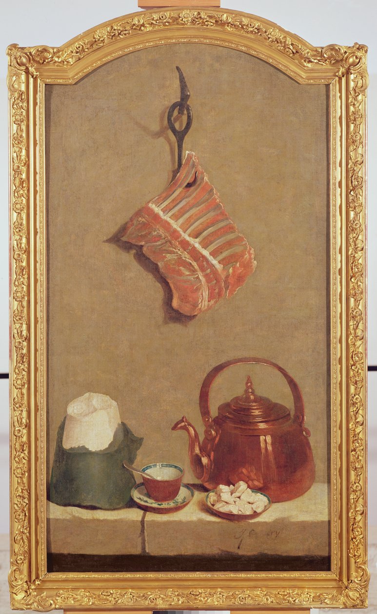 Stilleven met vlees, ketel, kopje, suikerbrood en suikerklontjes door Jean Baptiste Oudry